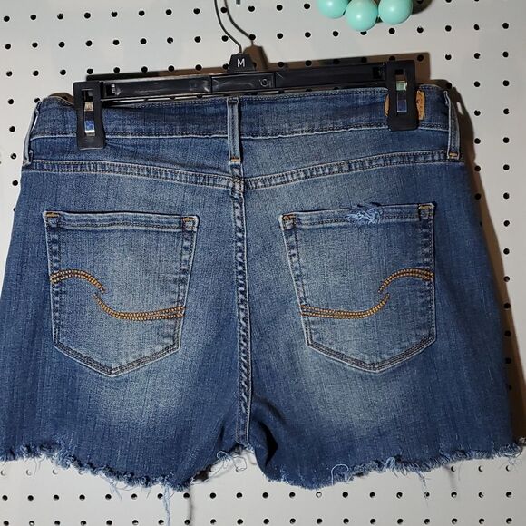 Trashed Levi Strauss Modern Shorts Denim Jean Smiley Face Shredded Stretch, Sz 6 - Picture 5 of 7